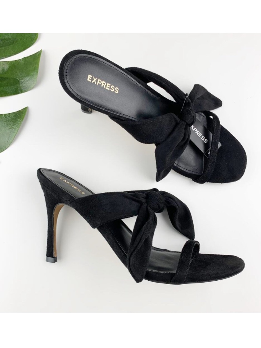 New Express Strappy Bow Sandals Heels Slip On Faux Black Suede Sandals Womens 10